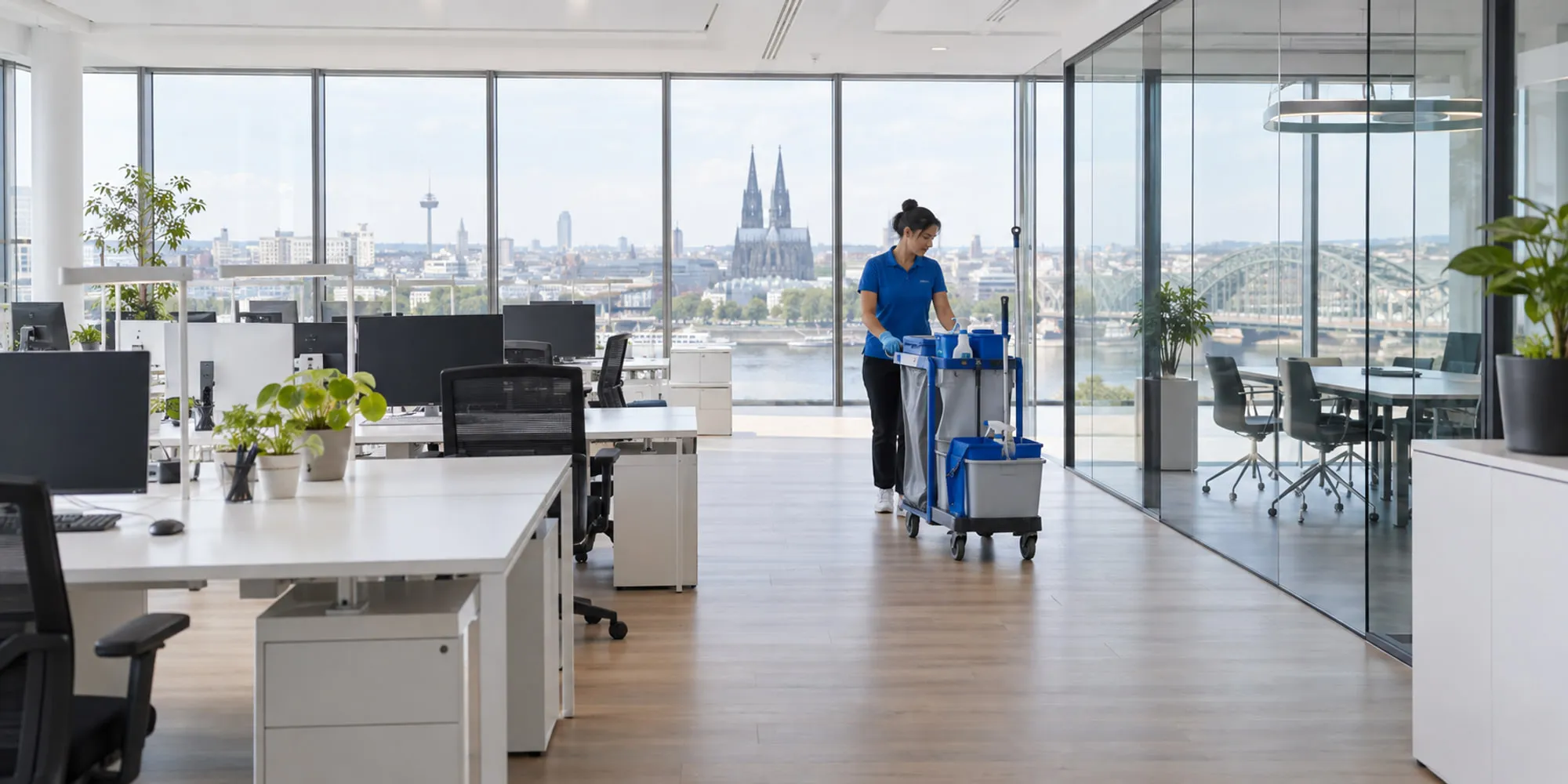 Reinigungskraft mit Reinigungswagen in einem hellen Großraumbüro