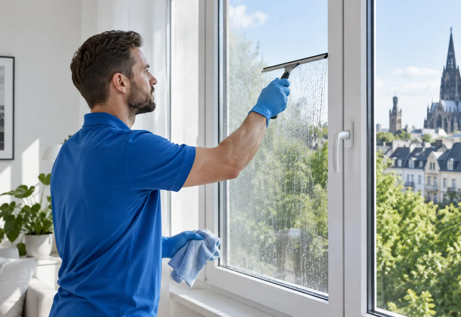 Fensterreiniger säubert eine große Fensterscheibe mit einem Abzieher