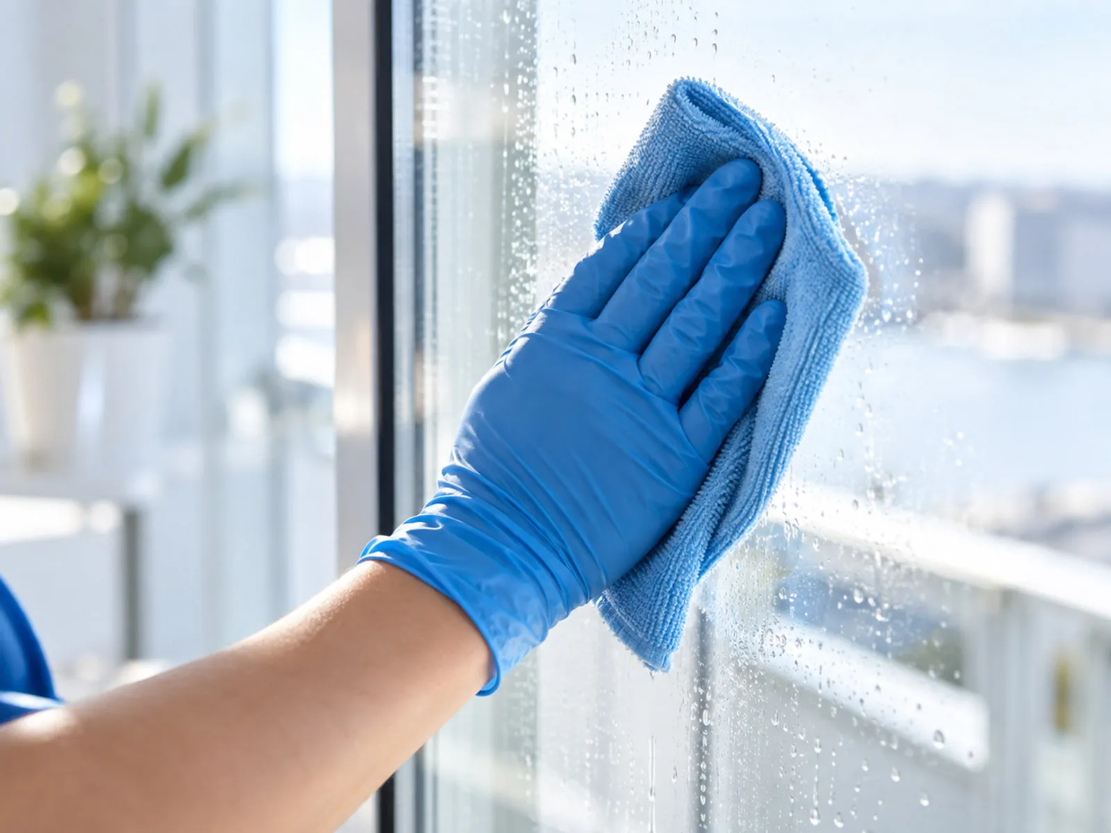 Behandschuhte Hand poliert eine Glasscheibe mit blauem Mikrofasertuch