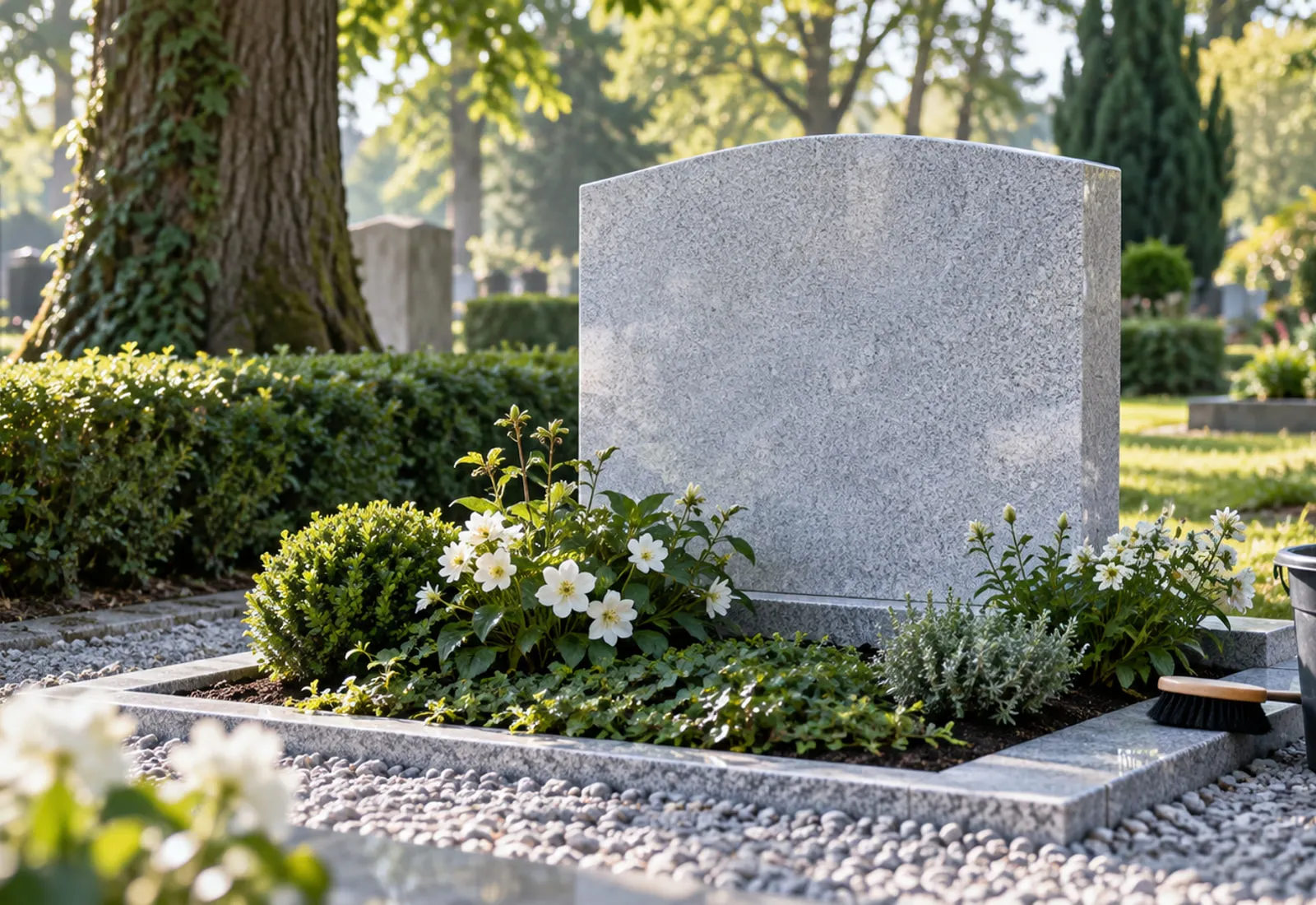 Gepflegtes Grab mit schlichtem Granitstein und weißen Blumen