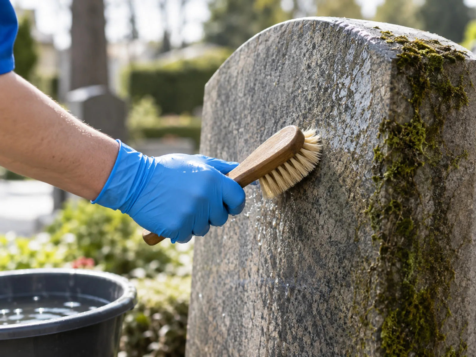 Behandschuhte Hand reinigt einen Naturstein mit einer weichen Bürste