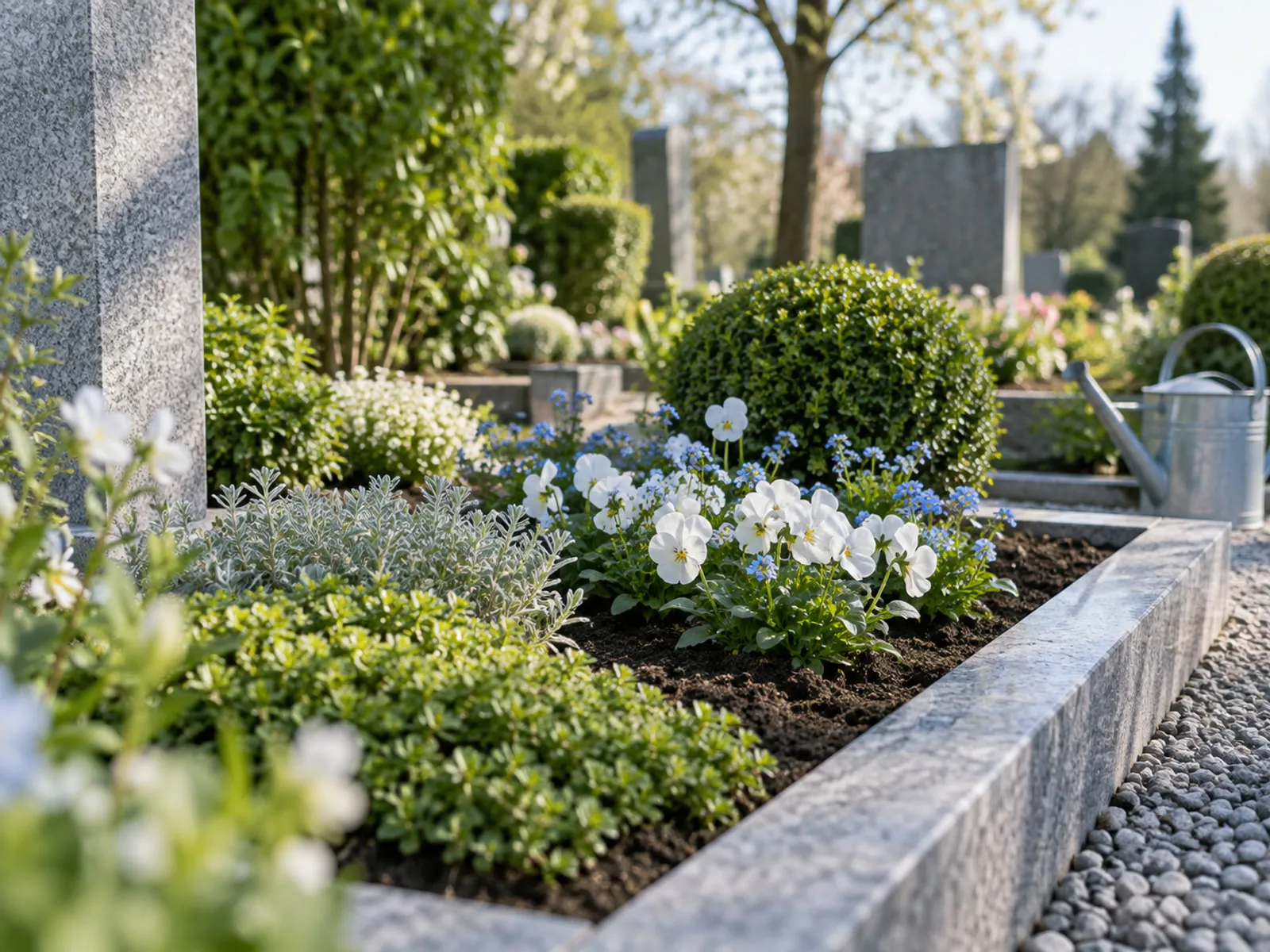 Gepflegter Grabrand mit weißen und hellblauen Blumen