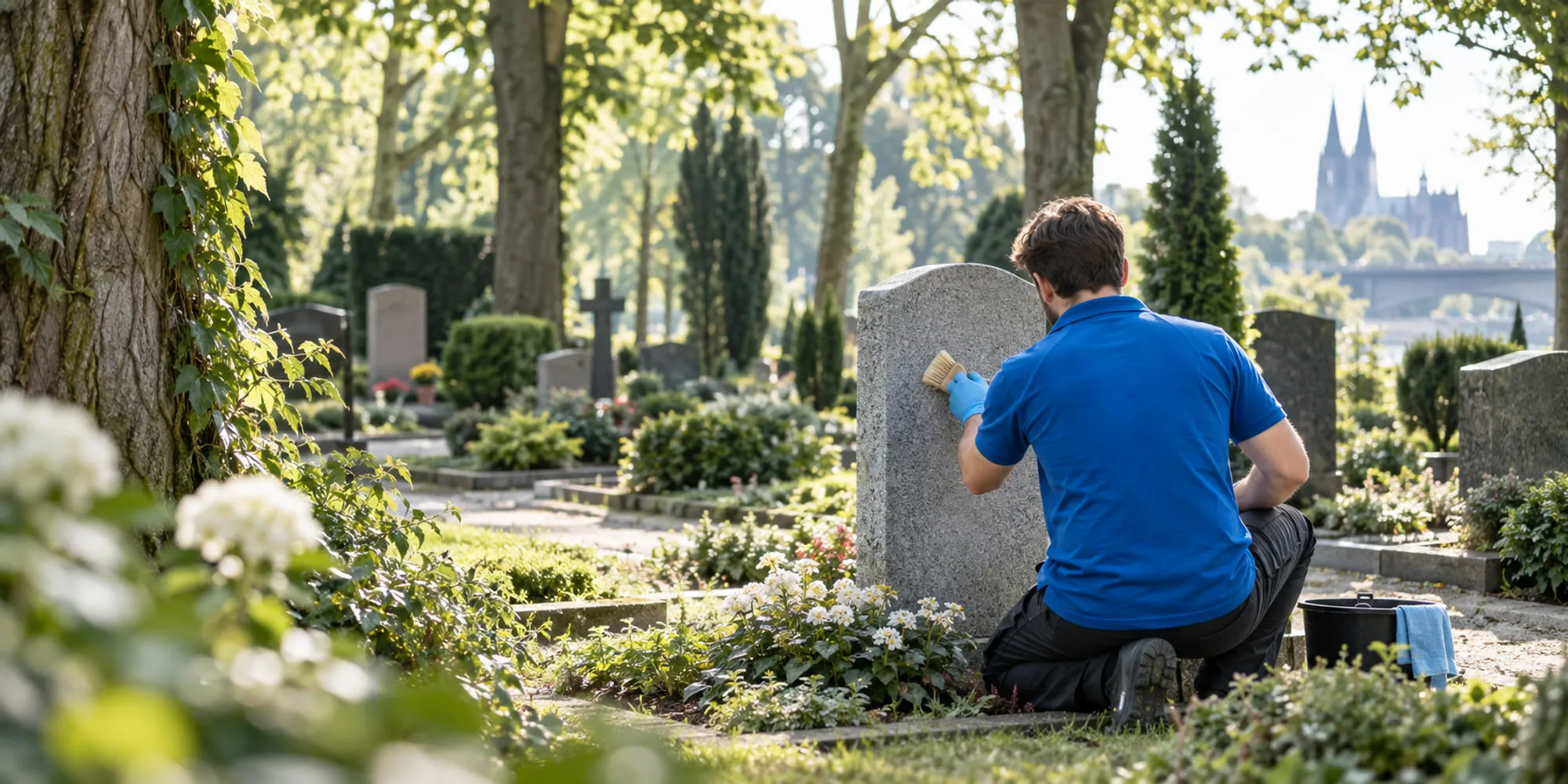 Reinigungskraft pflegt einen schlichten Grabstein auf einem grünen Friedhof