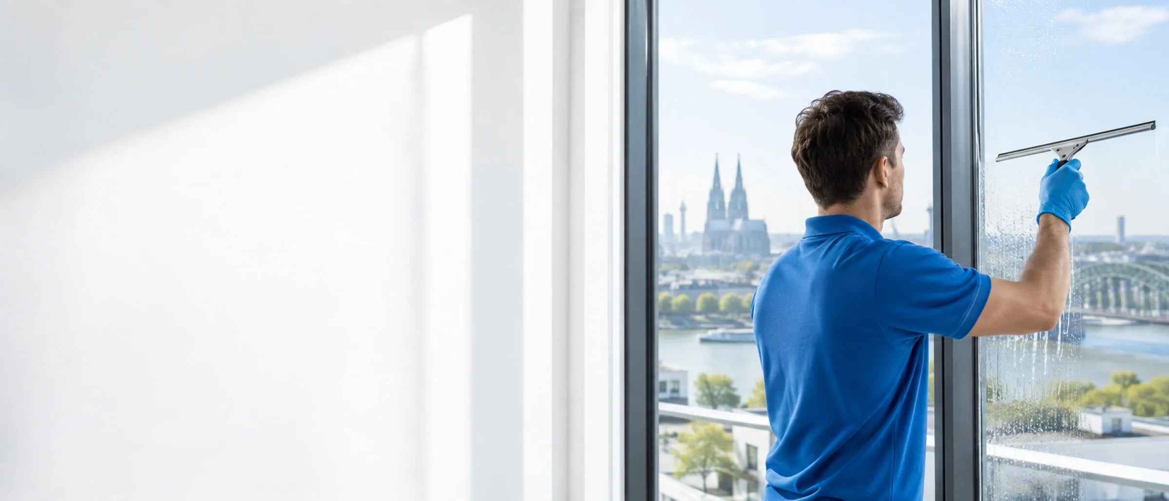 Fensterreiniger säubert eine große Scheibe mit einem Abzieher, im Hintergrund der Kölner Dom