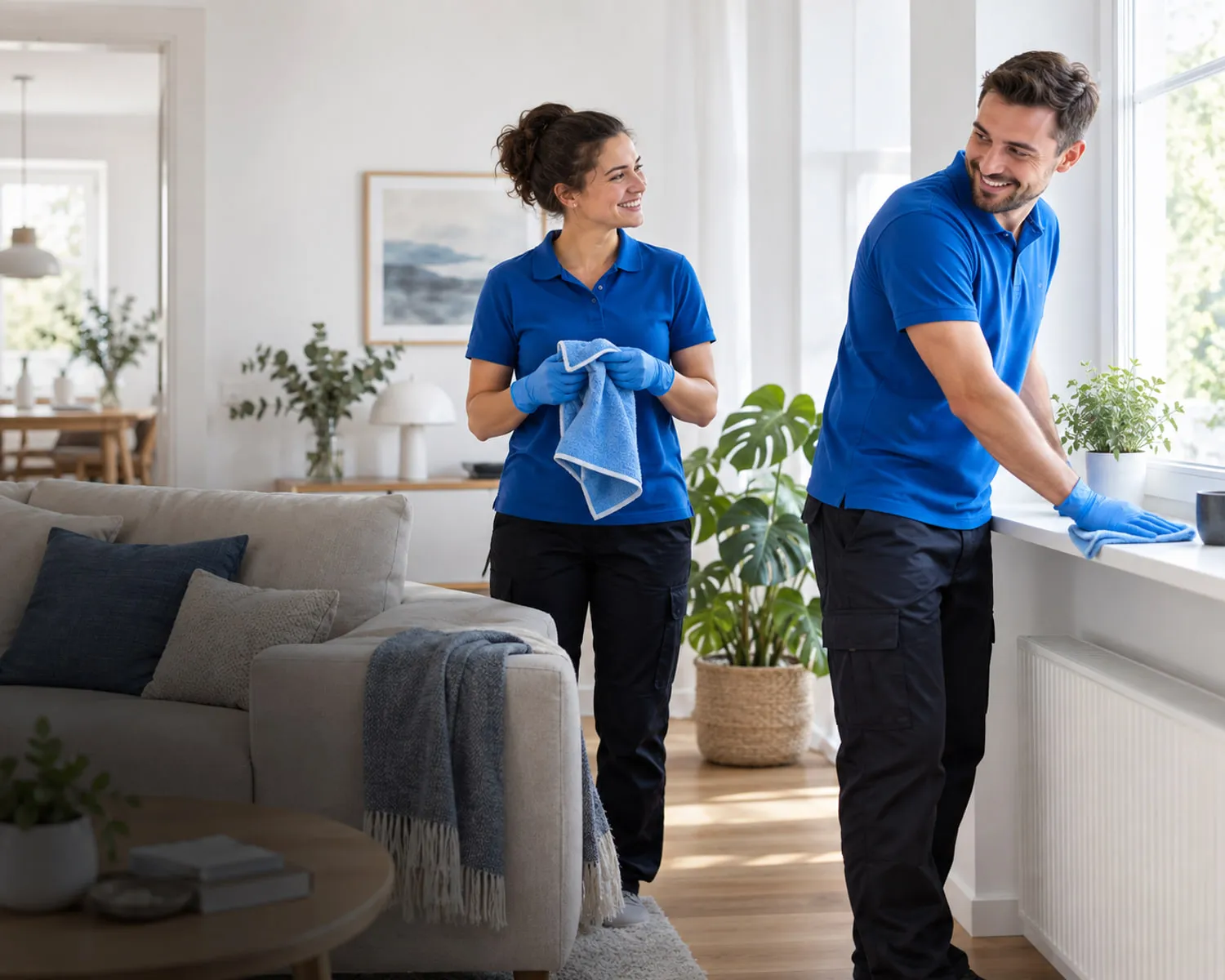 Zwei Reinigungskräfte arbeiten gemeinsam in einem hellen Wohnraum