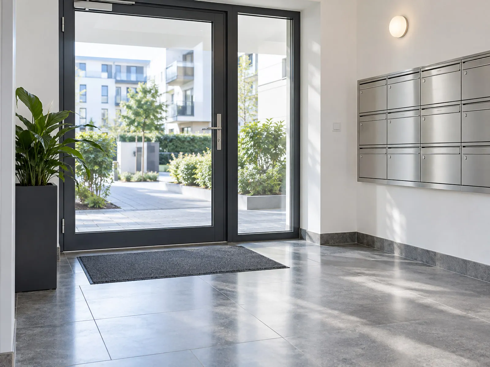 Sauberer Hauseingang mit Glastür, Fußmatte und Briefkästen